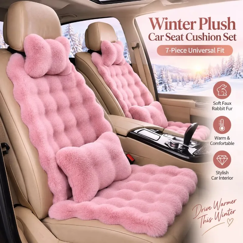 4PCS Plush Car Seat Cushion Set, Faux Rabbit Fur Winter Warm Seat Covers, Universal Front Rear Fit for 5-Seat Cars and SUVs