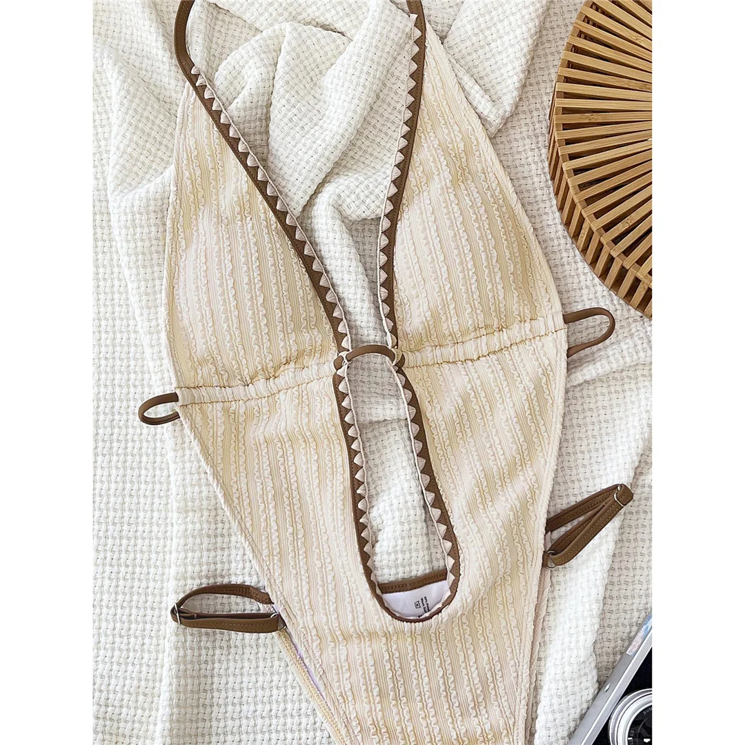 Tiefes V-Ausschnitt-Design, geraffter Halterneck, hoch geschnittener Einteiler-Badeanzug, Damen-Bademode, rückenfreier Monokini, Badeanzug, Badebekleidung, Modell V6195. – Detail 10