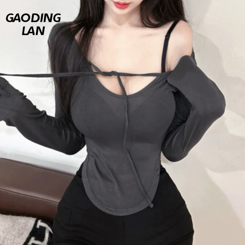 Autumn Winter Long Sleeve Slim Waist Women T-shirts Desire Sexy Tight Solid Crop Tops Slightly Transparent Short Bottom Tees