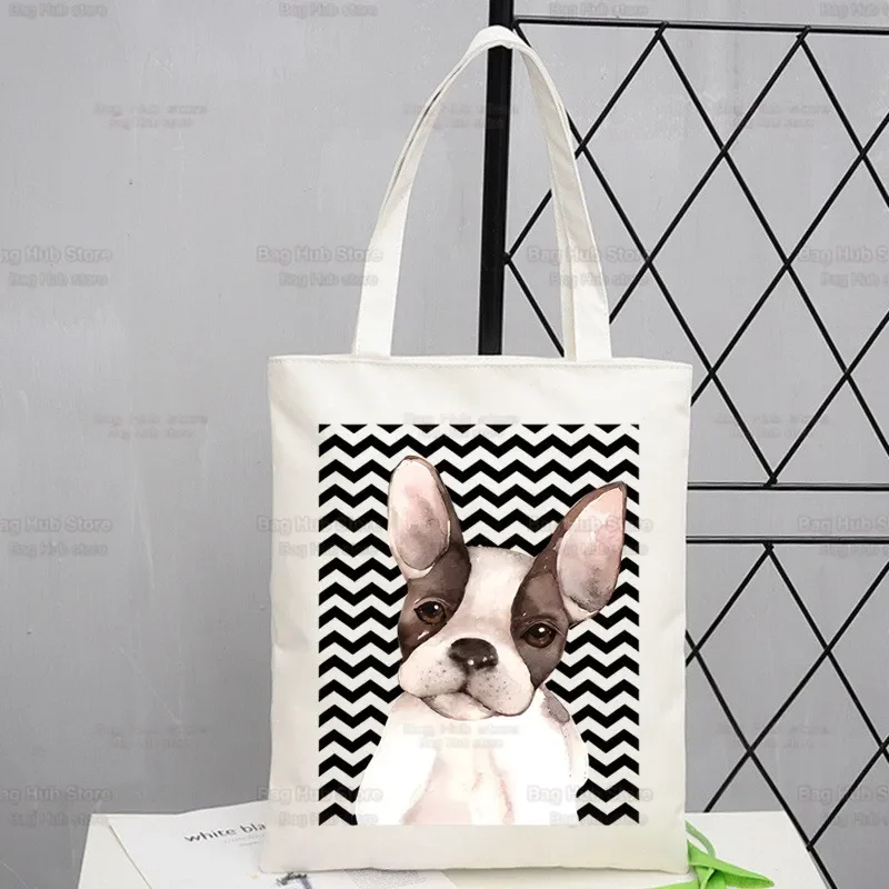 

French Bulldog Canvas Shoulder Tote Bag Unisex Handbags Eco Reusable Kawaii Dog Lover Graphic Shopping Bag Vintage Ulzzang Bags