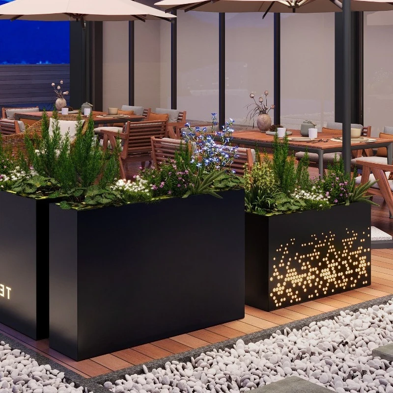 Custom Solar Lighted Stainless Steel Planter Divider, Flower Trough for Restaurant Outdoor