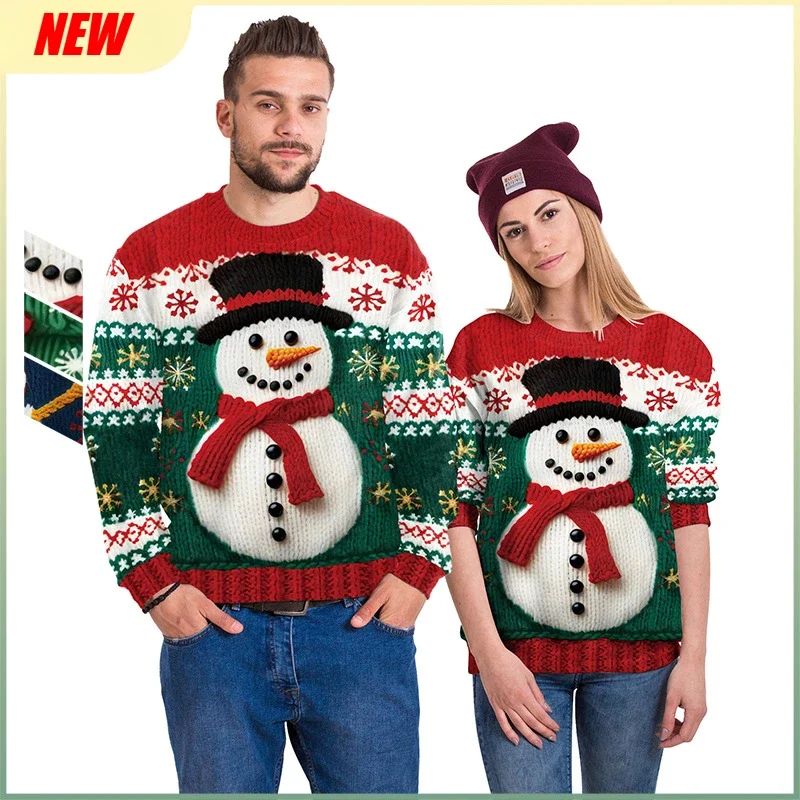 New Snowman Christmas Tree Imitation Sweater Pattern 3D Digital Printed Round Neck Hoodie Outside Christmas Clothing