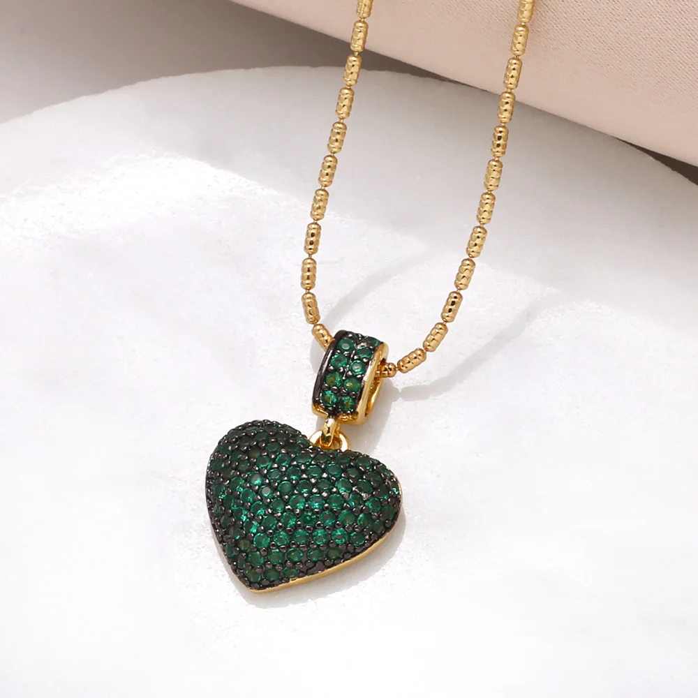 FLOLA Luxury Green Crystal Heart Necklace for Women Copper Gold Plated Short Necklaces CZ Jewelry Gifts nkeb228