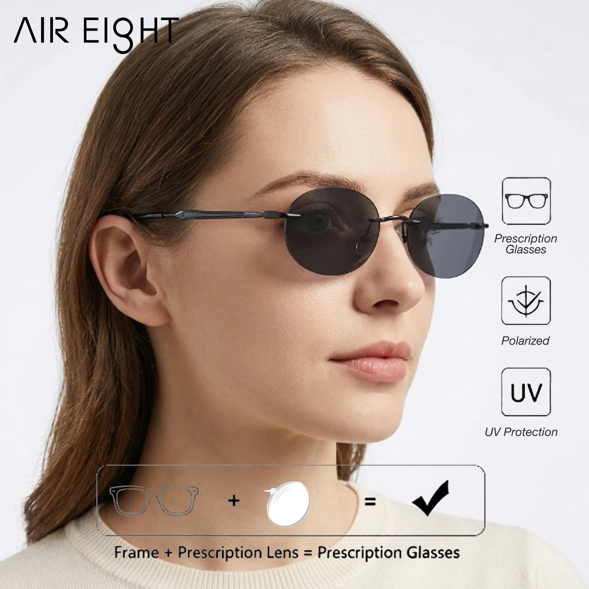 AIR EIGHT XXS Size Rimless Oval Metal Prescription Sunglasses For Women And Men Progressive Polarized UV400 TAC Lenses Glasses