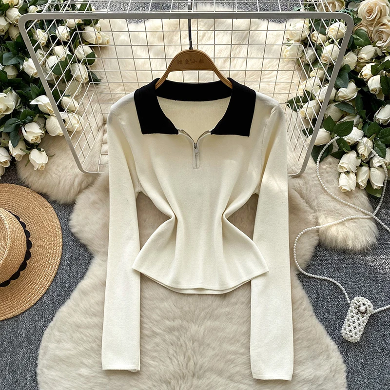 

Французский ретро модный вязаный топ с контрастными лацканами и длинными рукавами, женский осенний новый товар, тонкий пуловер, короткий свитер S151