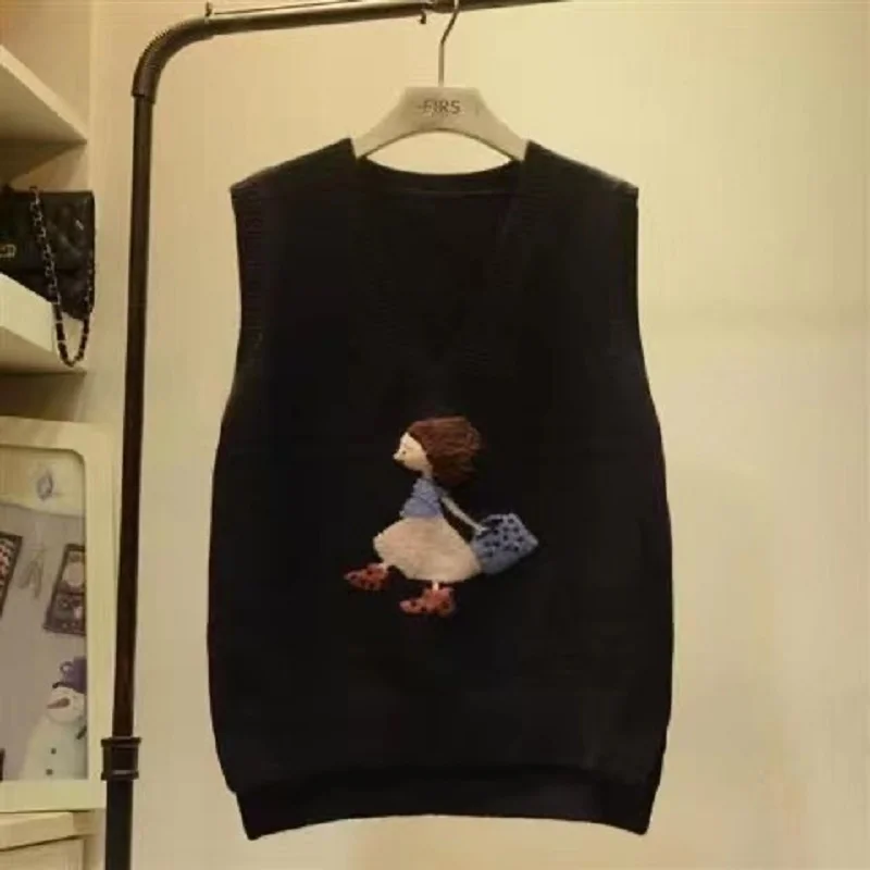 

Осенний вязаный жилет для девочек с мультяшным дизайном, модный, для повседневной носки, с V-образным вырезом, без пуговиц, однотонный, женский топ-жилет