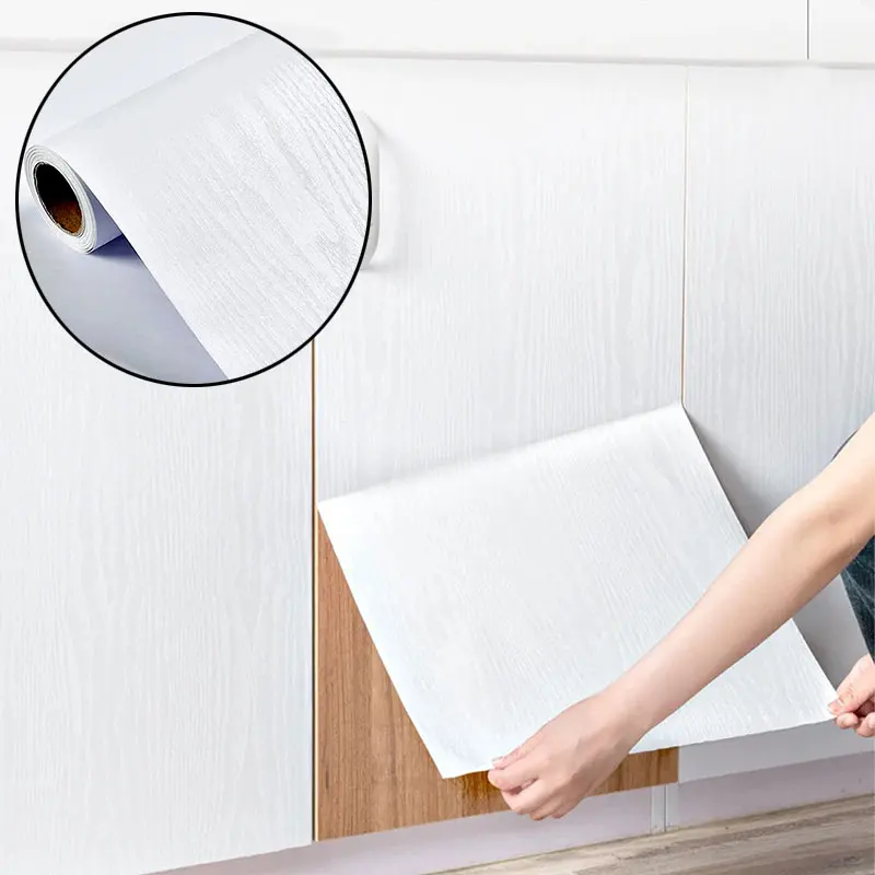 40cm White Wood Grain Self-Adhesive Waterproof and Oil Resistant Sticker Kitchen Wardrobe Cabinet Desktop Decoration Wallpaper