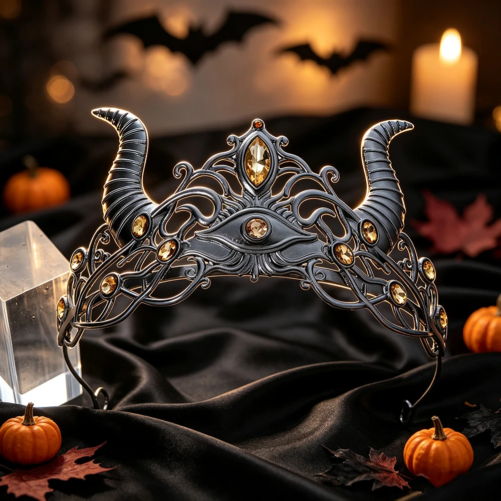 Gothic Personality Evil Eye Devil Horn Tiara Crown Retro Metal Witch Headband Halloween Makeup Ball Female Hair Accessories