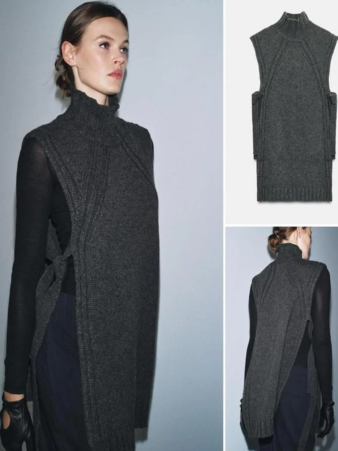 Autumnal Knitted Vest Sle Top with Side Slits And Bow Detail Long Svel Stand Collar Women's Faion Pure Color
