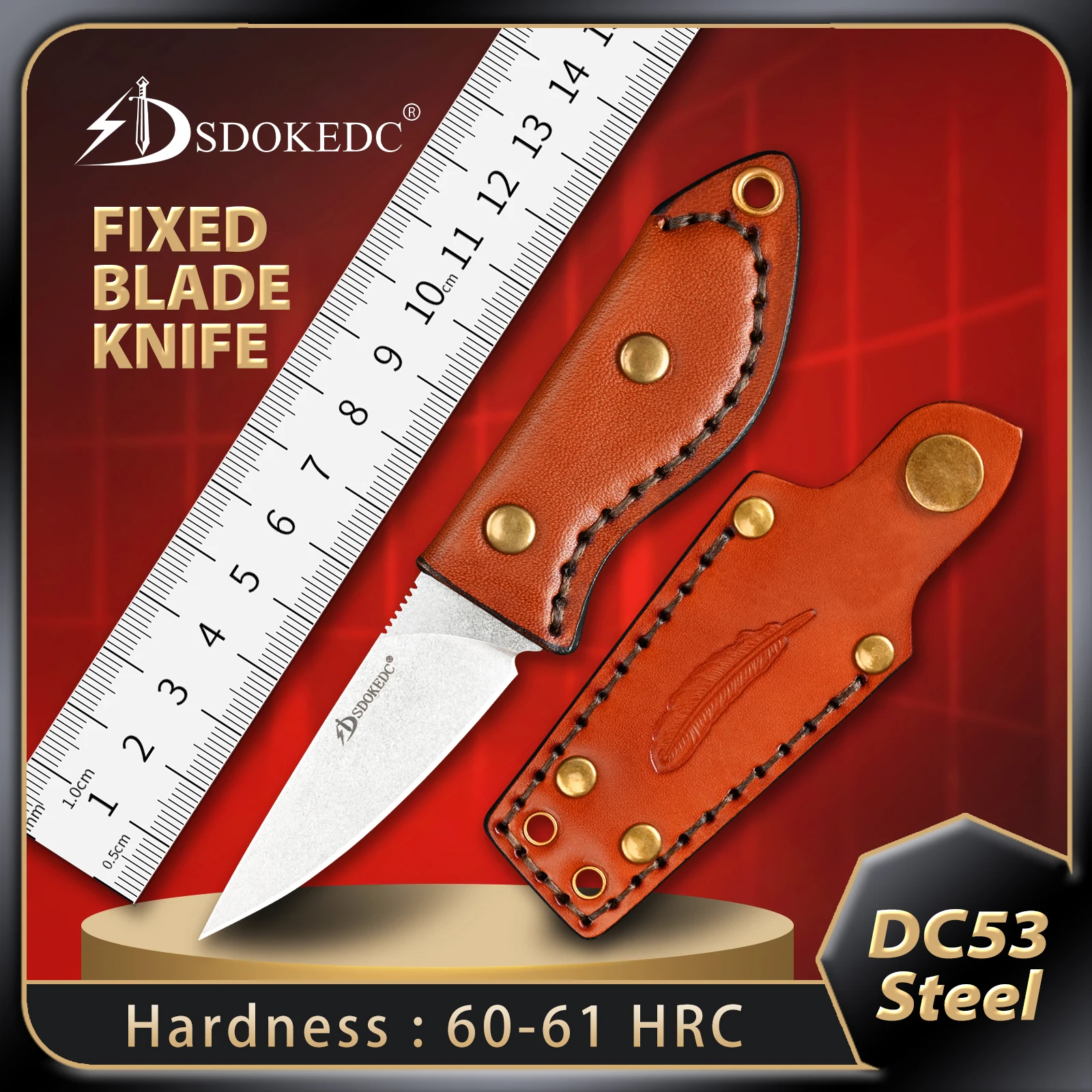 

SDOKEDC Fixed Blade Knife DC53 Steel vegetable tanned leather sheath Edc Vintage Carved Leather Case Outdoor Hiking Men's Gifts