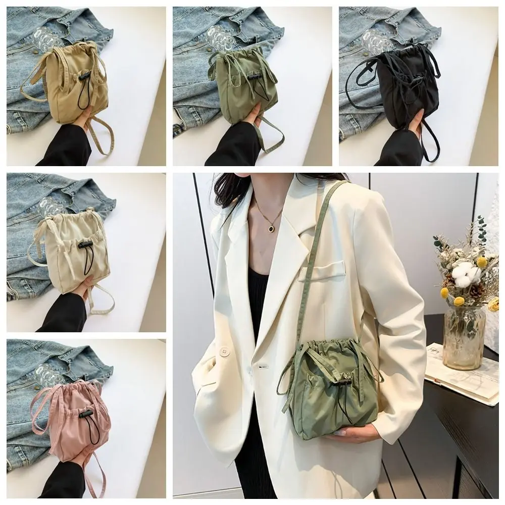 Cute Korean Style Drawstring Canvas Bag Purse Solid Color Nylon Shoulder Bag Wallet Crossbody Bag Mobile Phone Bag Outdoor