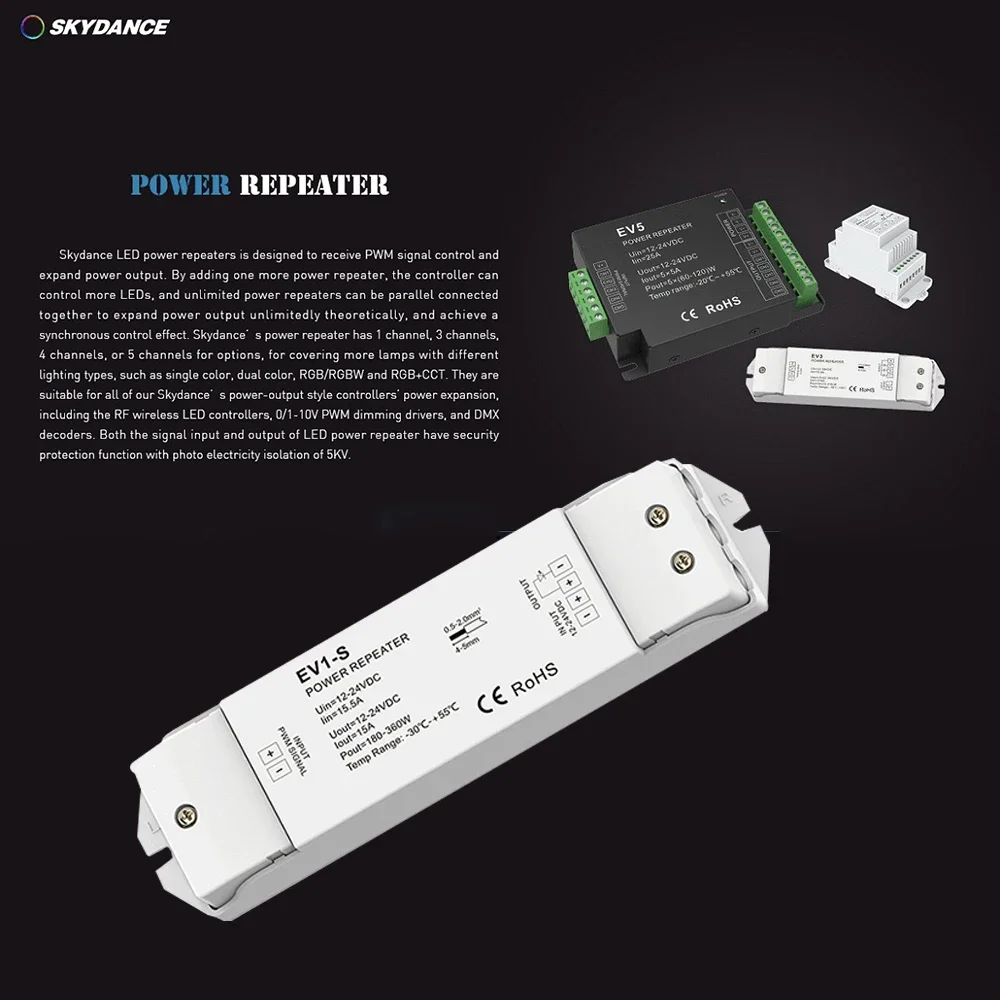 DC12V-24V EV1-S 1CH PWM Constant voltage output/3KV optoelectronic isolation Repeater 15A Single color LED Signal Amplifier