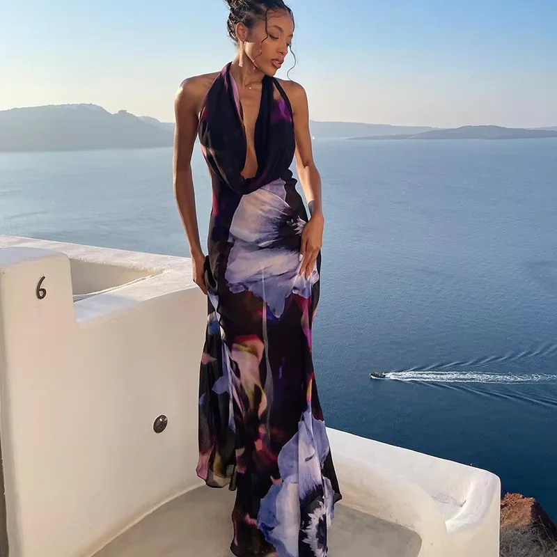 Boho Blumenprint Maxikleid mit Neckholder, Rückenfreies Sexy V-Ausschnitt Strandkleid, Elegantes Sommer-Partykleid