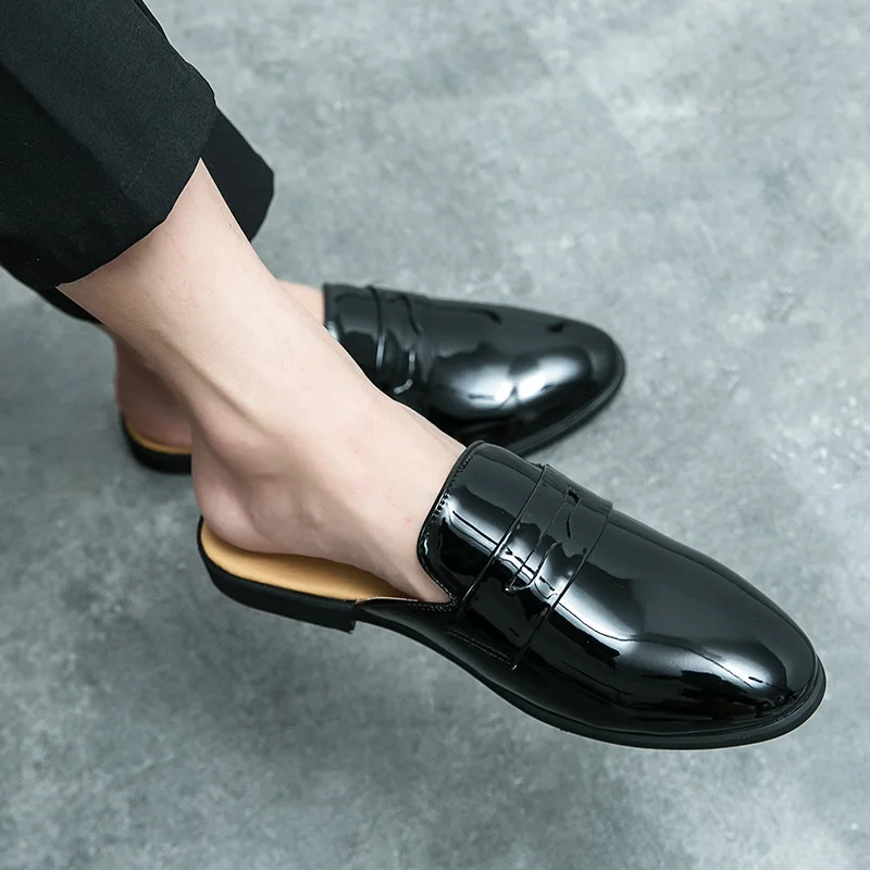 Designer Slippers Men Mules Coiffeur Patent Leather Slippers Men Half Shoes for Men Slippers Luxury Black Homens Sapatos Casuais