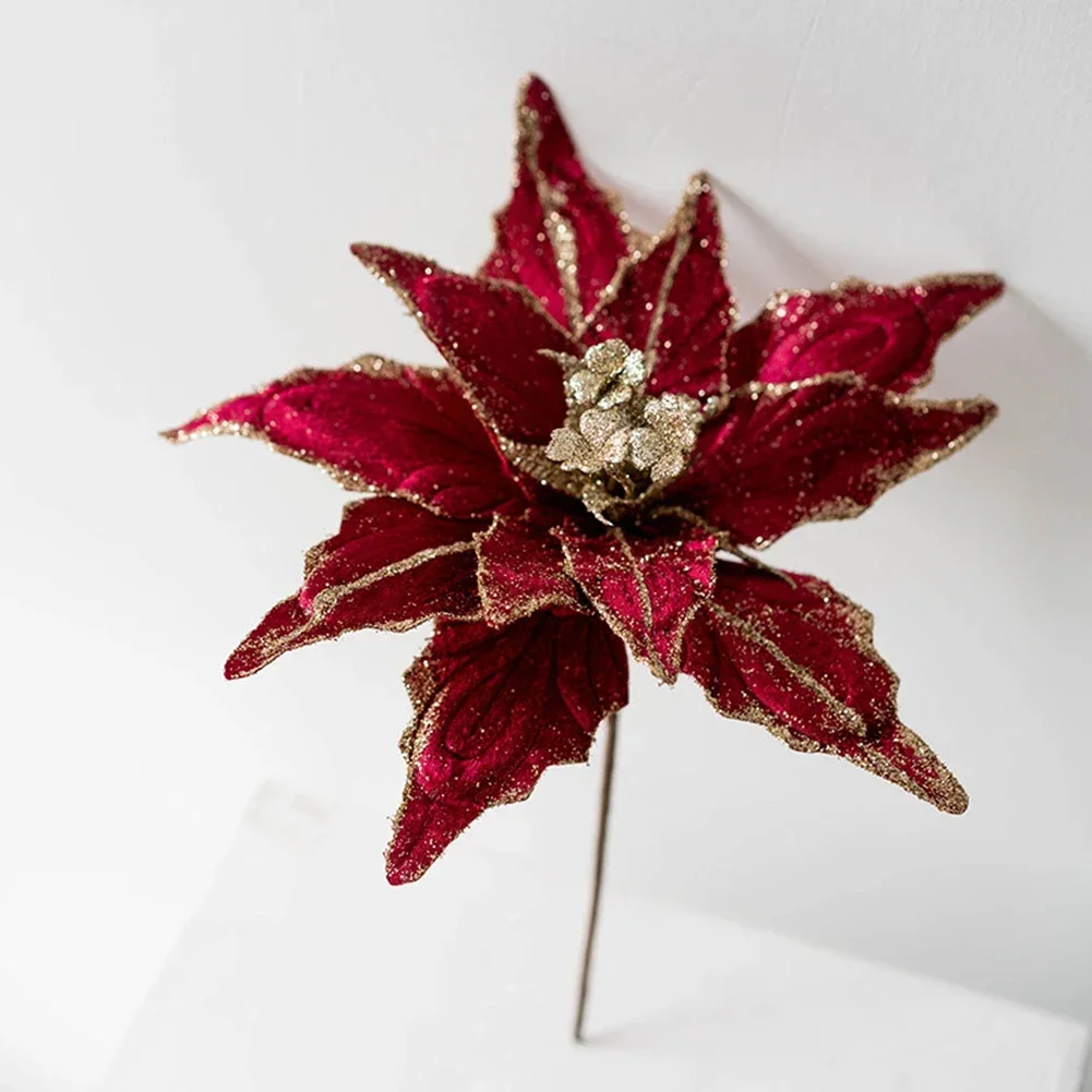 28cm Christmas Poinsettia Glitter Artificial Flannel Flowers Heads Xmas Tree Ornaments 2025 New Year Party Navidad Decoration