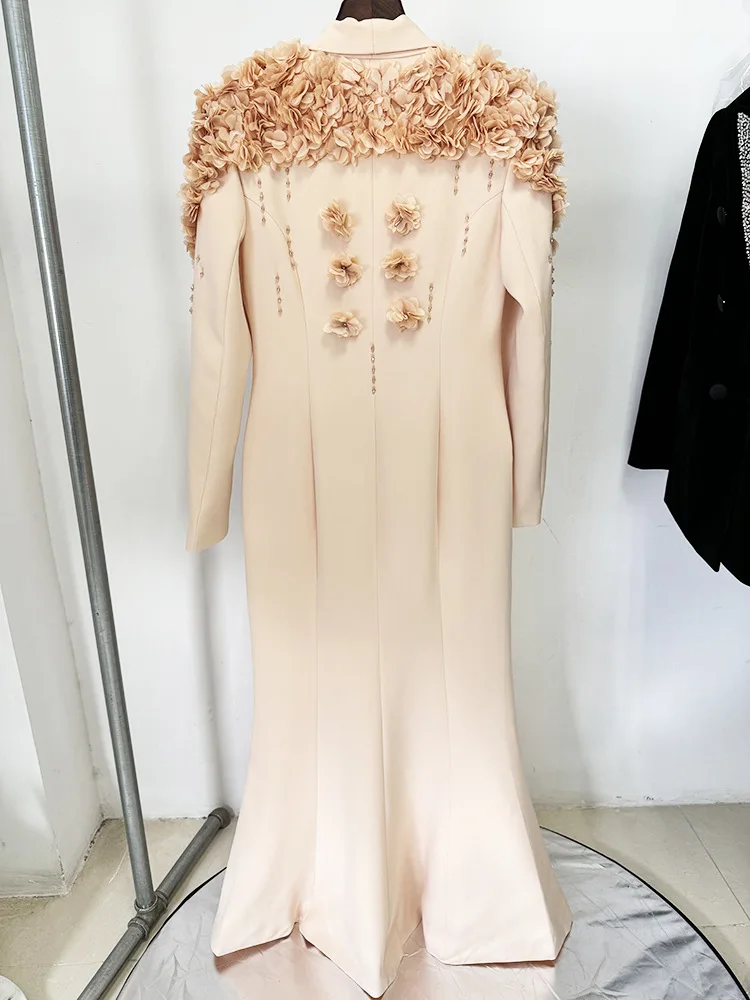 Vestido de noche ajustado de cintura alta para mujer, elegante, francés, moda, industria pesada, cuentas, flor 3D, cuello en V, manga larga, un solo pecho