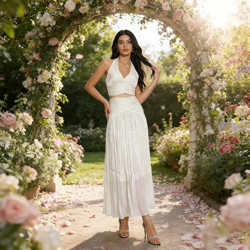 Fashionable Sexy V-Neck Hanging Neck Strap Top Long Skirt 2pcs Pleats Waist Cinching Wood Grain Ruffle Skirt 2026 Spring New