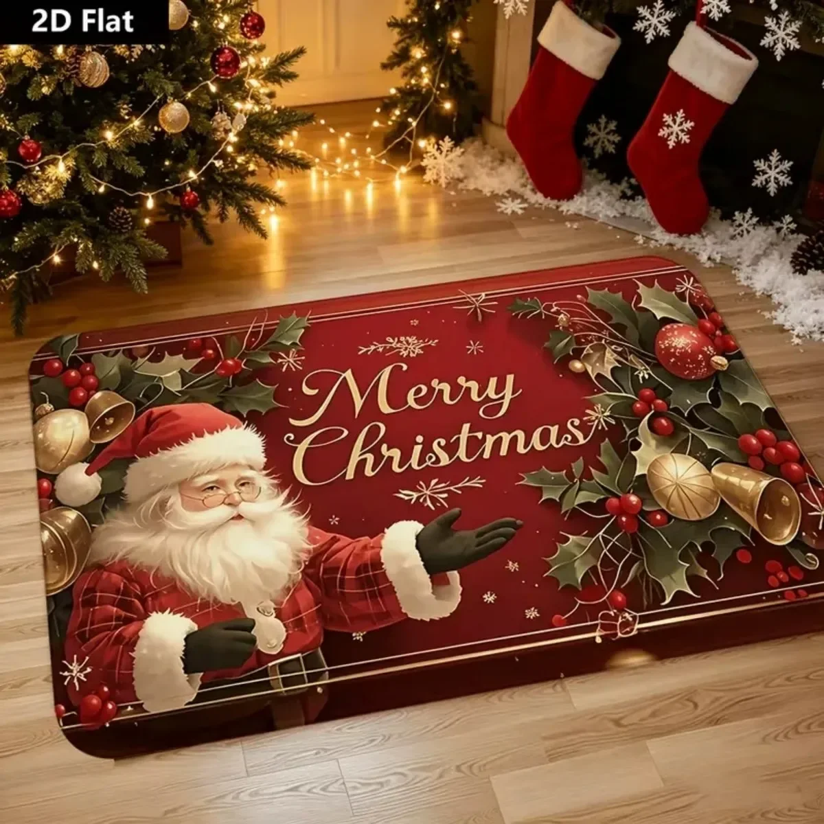 Christmas Entryway Mat, Square Flannel Door Rug with PVC Non-Slip Backing, Absorbent Water Absorbing Floor Mat with Exquisite Printed Christmas Design for Bathroom, Toilet and Doorway