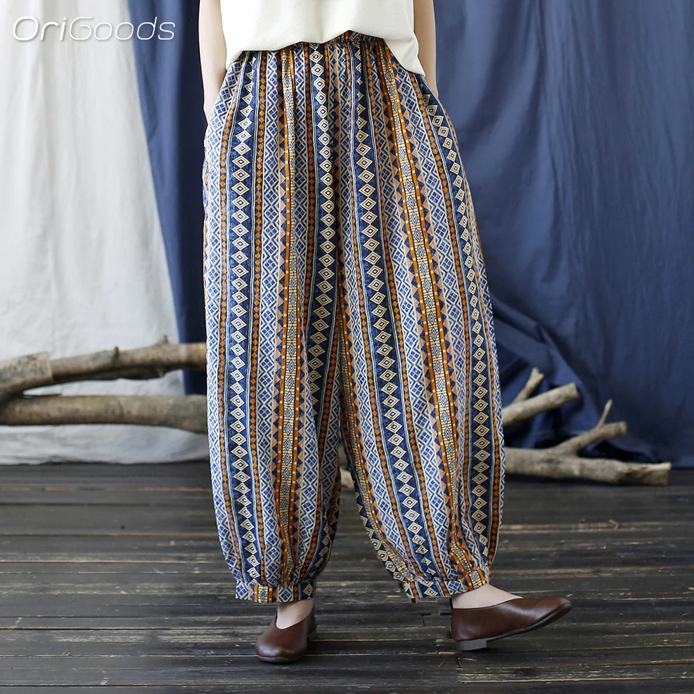 OriGoods Geometric Print Cotton Thin Loose Summer Pants Women Elastic Waist Vintage Casual Pants Woman Trousers 2024 New X030