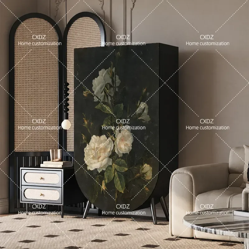 Retro Flower Wardrobe Solid Wood Finished Integrated Hanging Storage Cabinet for Bedroom Living Room Home Wall Mounted Closet