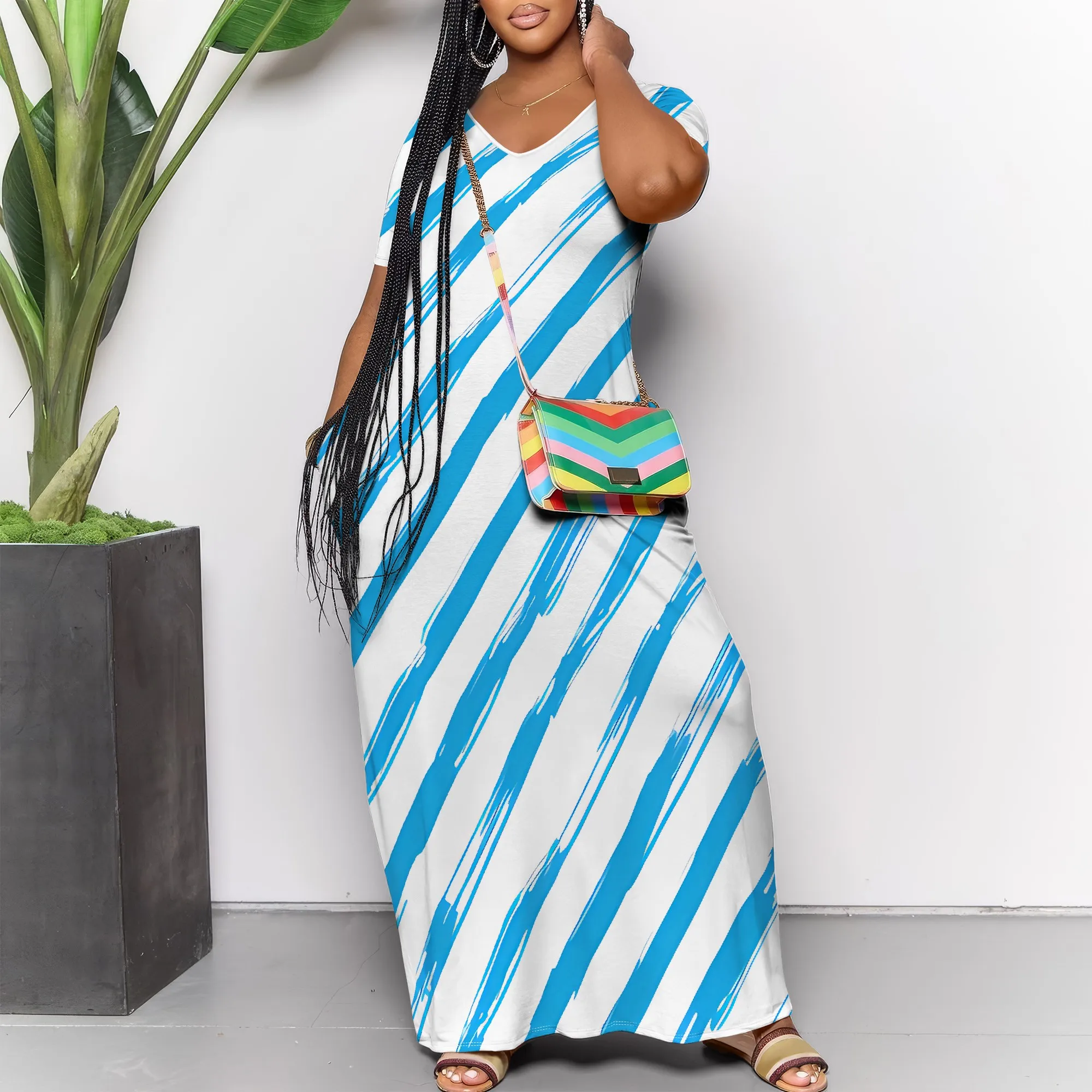 

Nupusa Striped Print Dress for Women Standard Size Summer Casual V Neck Short Sleeve Maxi Dress