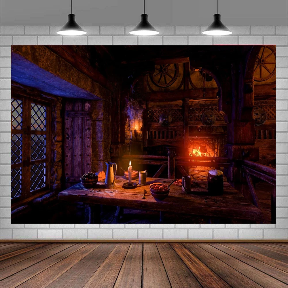 Medieval Tavern Photography Backdrop Ancient Tavern Inn Dark Interior Candle Light Fireplace Retro Bar Restaurant Background