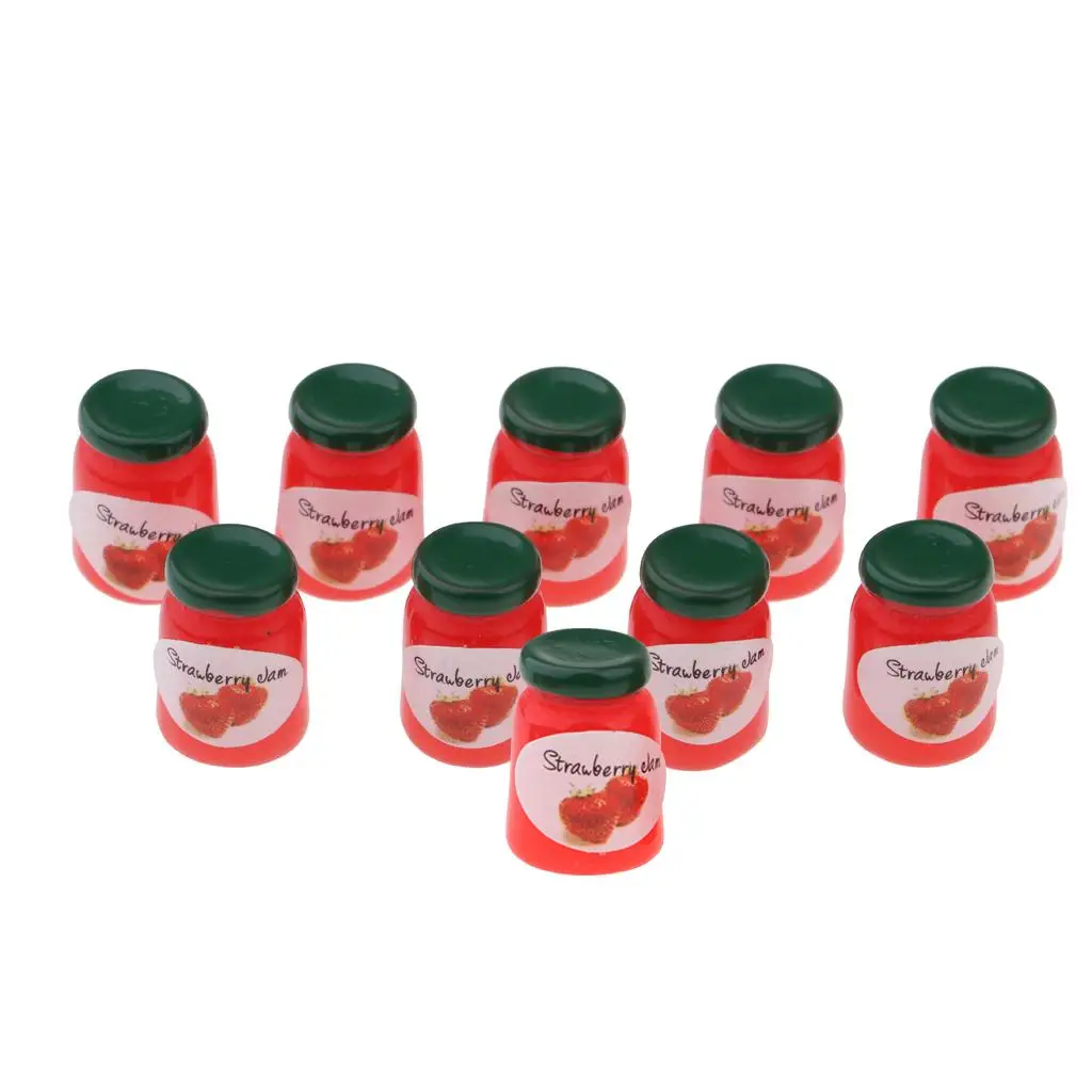 1/12 Puppenhaus Küche Lebensszene Ornament – Miniatur-Lebensmittelmodell Erdbeermarmelade Flaschen Set vorgeben 10-teilig