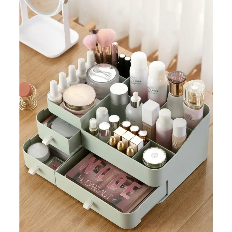 Organizador de maquillaje para tocador, organizador de escritorio de gran capacidad con cajones para cosméticos, lápices labiales