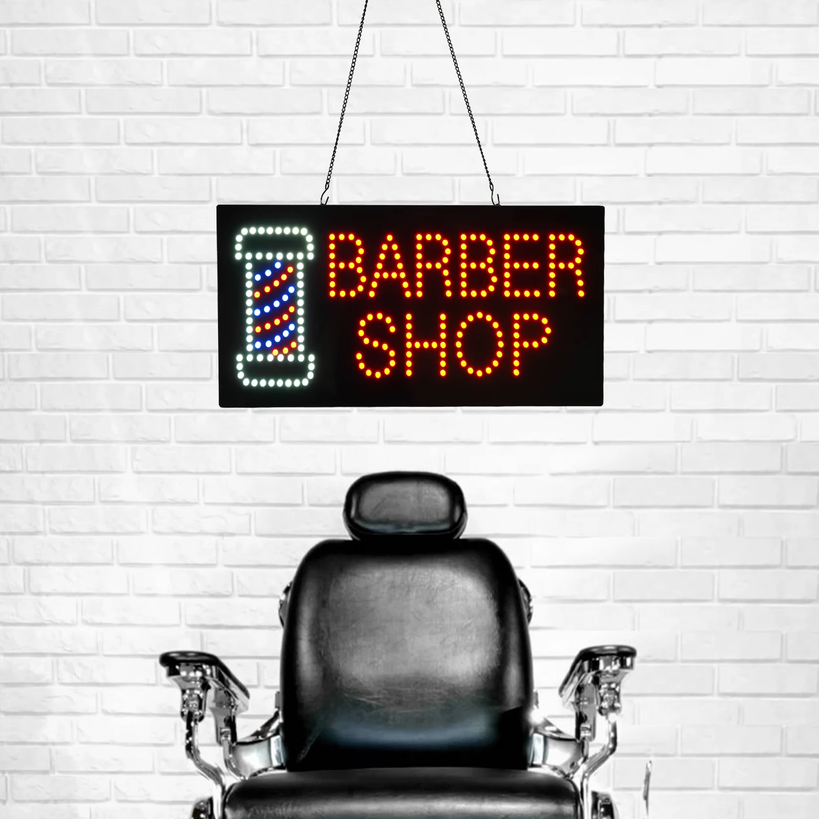 Barber Shop Sign, LED Light Sign 12V 1500mA 18W Business Sign Black Hanging Chain with Hooks for barber shops openings holiday