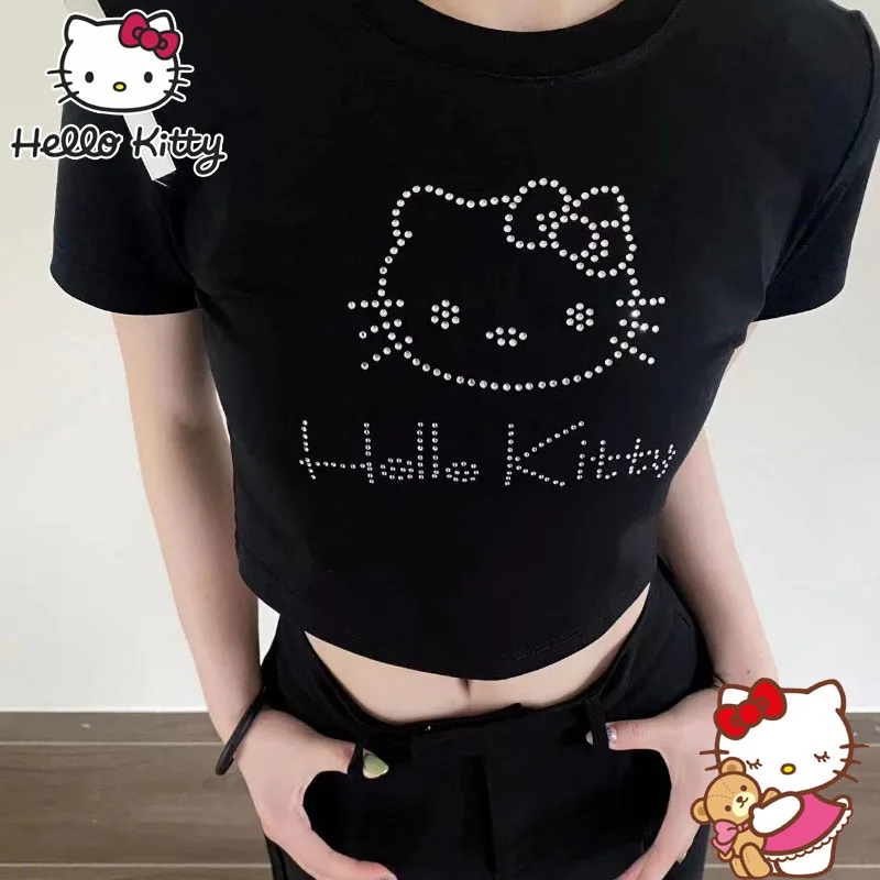 Sanrio Hello Kitty T-shirt Women Short Sleeve Y2k Sexy Summers Slim Fit T Shirt Tight Girl Fashions Retro Short Sleeve Sweet Top