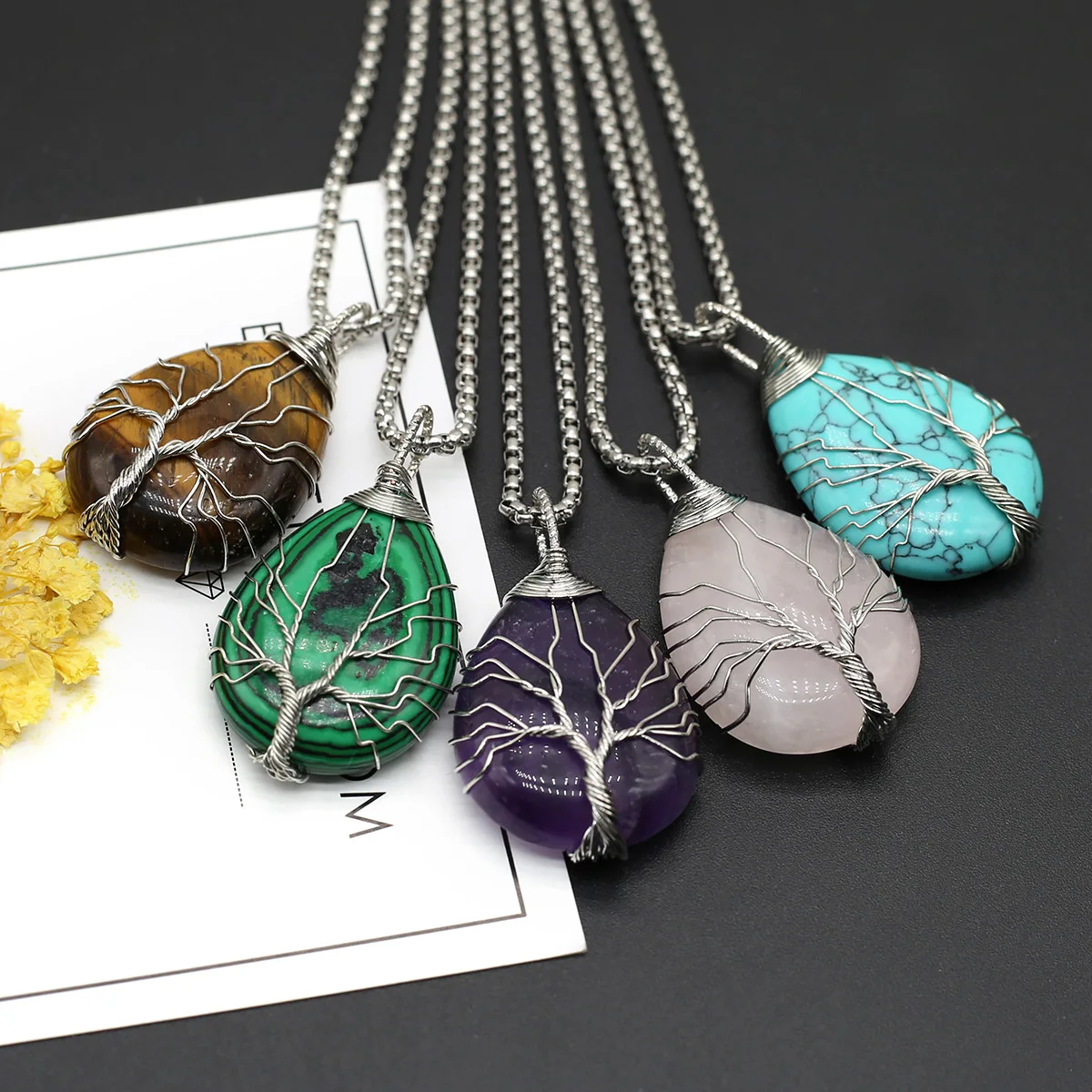 Natural Agates Stone Pendant Necklace Water Drop Shape Tree of Life Winding Silver Color Thread Pendant for Women Jewerly Choker