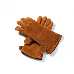 Flame Retardant Heat Insulation Gloves, Leather, High Temperature, Outdoor, Camping, Picnic, BBQ 35x14cm L
