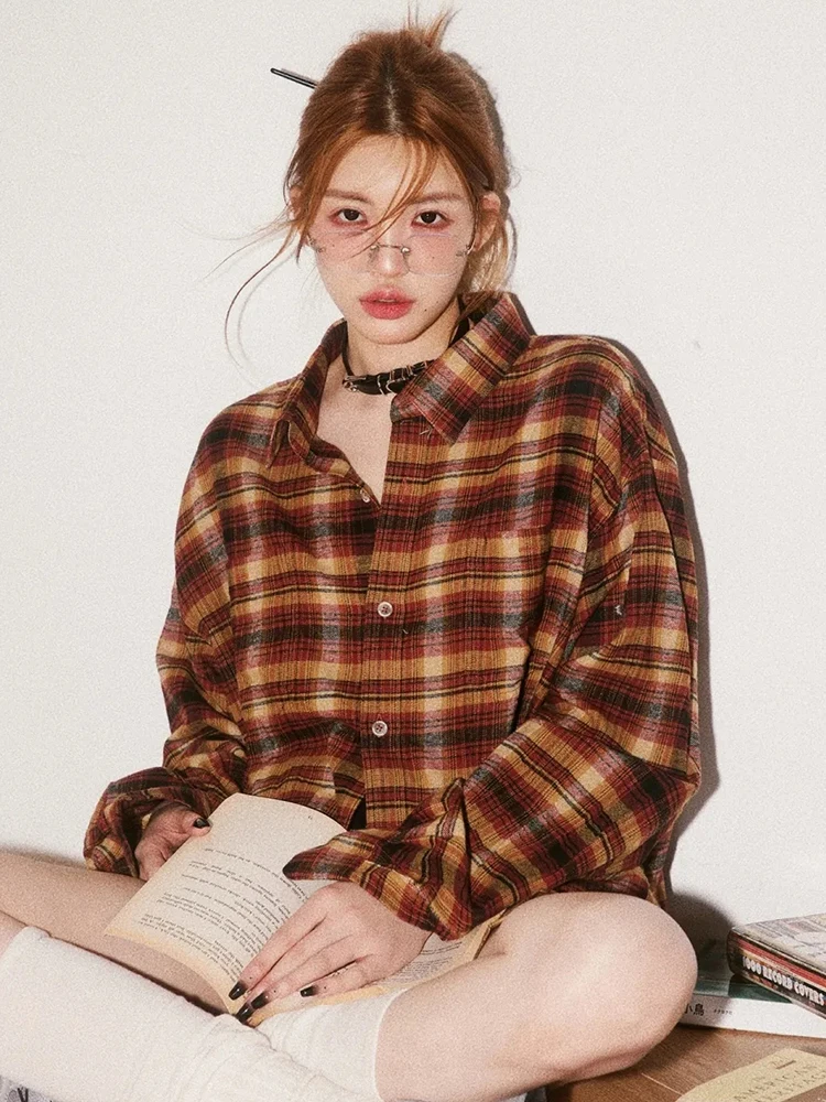 Camicie scozzesi Y2k da donna Camicetta a maniche lunghe oversize vintage Harajuku Streetwear Allentato Bf Retro Hop Casual Top Nuova primavera