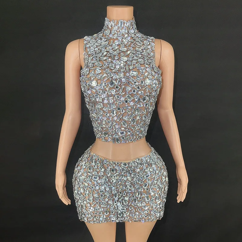 Sparkly Stones Tank Top mini skirt Two Pieces Set Sexy Transparent Celebrate Evening Prom Birthday Photo Shoot Dress Stage Wear