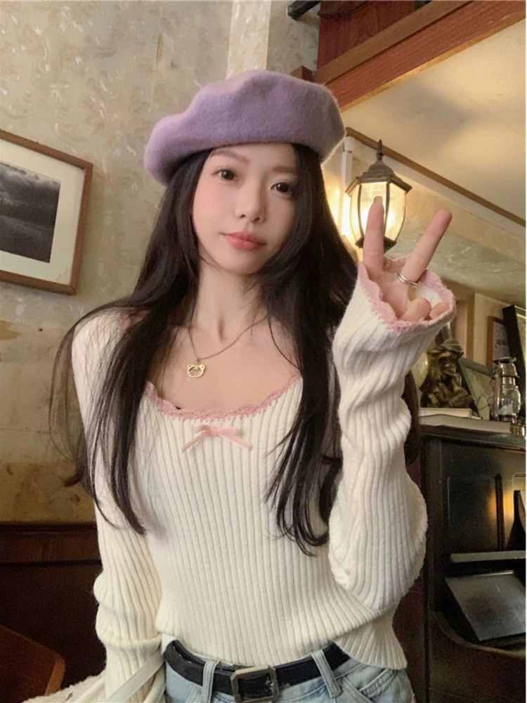 

Pullovers Women Cute Bow Autumn Fashion Inside Comfortable Stretchy Girlish Casual Sweet Style Korean Slim Mujer Knitwear Cozy