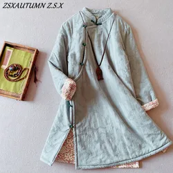 Chinese Style Retro Cotton Linen Coat for Women Winter Mid-length Thickened Quilted Robe Zen Ethnic Cotton-padded Jacket China