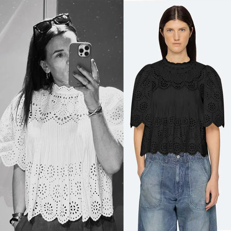 

Summer 2025 New Vintage Bell Sve Hollow out Pleated Ruffle Stand Collar Overhead Pure Color Smo Women's Cotton irt