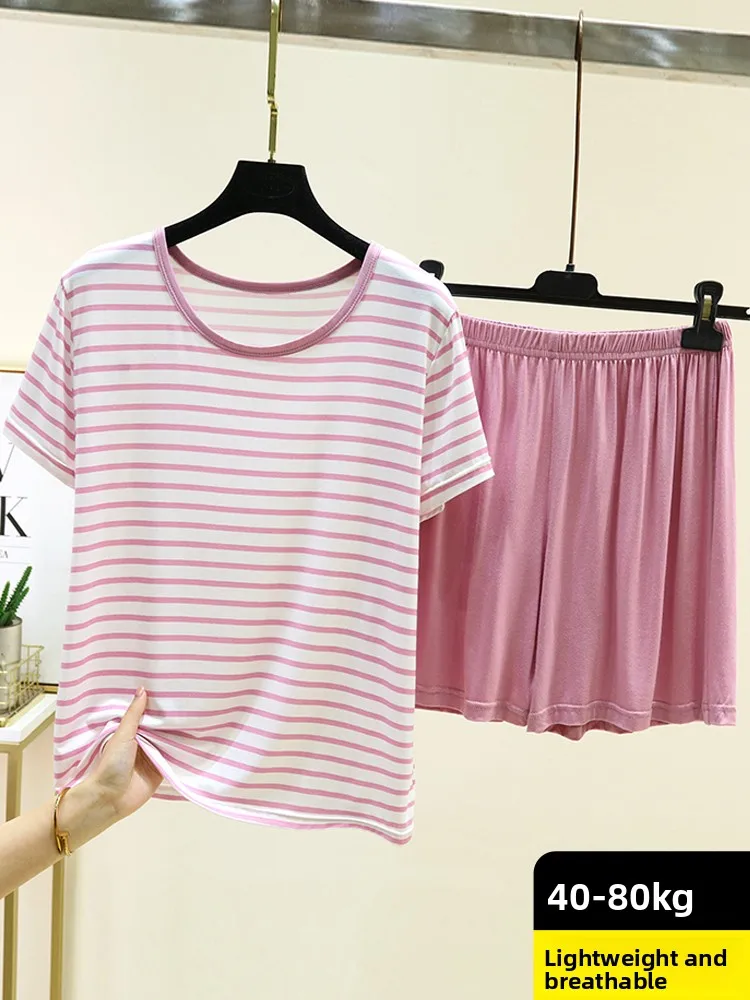 Summer Loose round Neck Modal T-Shirt Shorts Home Clothes Outerwear Large Size Pyjamas Two-Piece Set Striped Base Layer Shirt