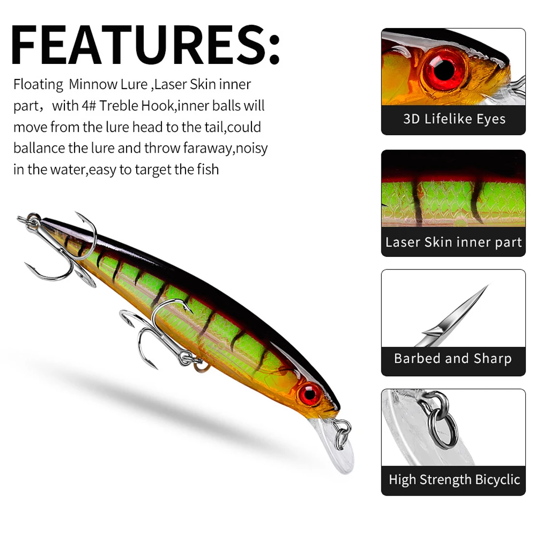 FishTrip Fishing Lures 11cm/13.4g Topwater Minnow Lure Hard Bait for Bass, Walleye, Trout, Salmon, Steelhead, Northern Pike