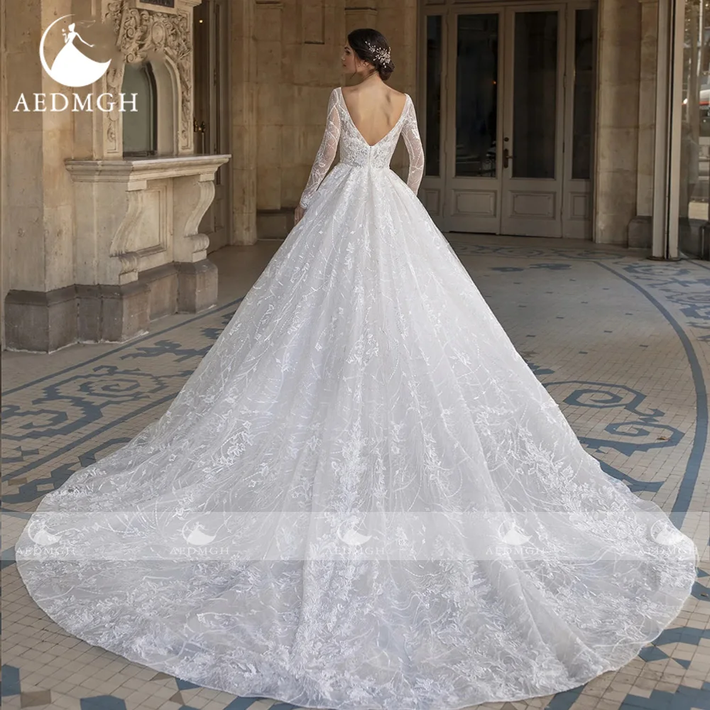 Aedmgh-Robes de mariée princesse A-Line, col en V, manches longues, appliques en dentelle, train court, robe de patients sur mesure