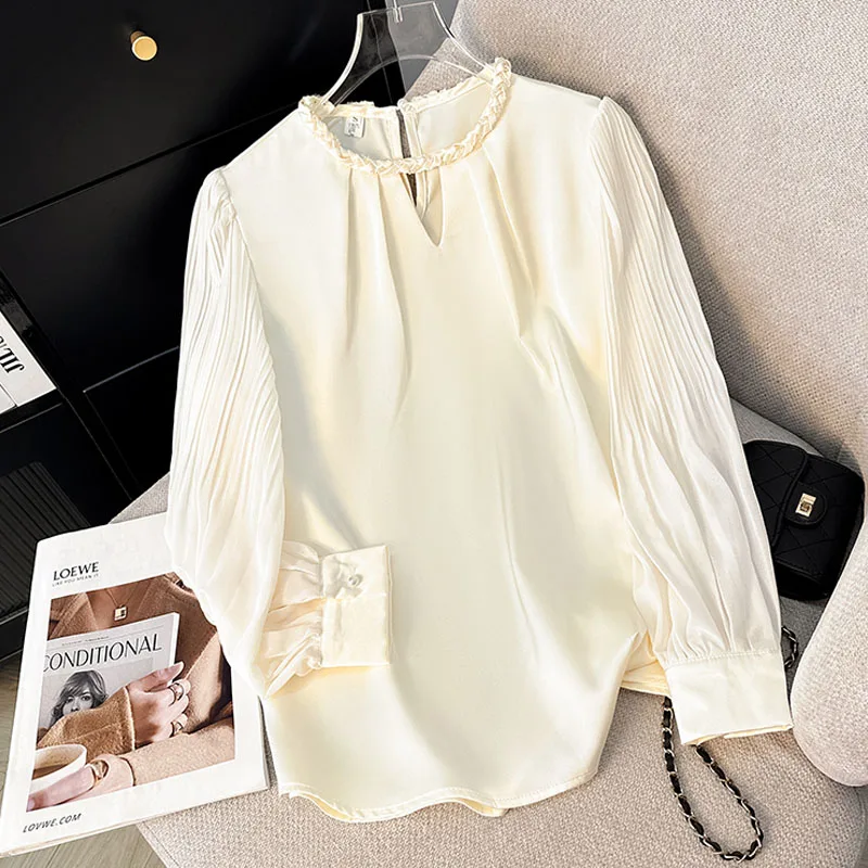 

Women Blouse Shirt Fashion Long Sleeve O-Neck Elegant Beading Blouse Shirt Women Tops Blouses Shirts Blusas Para Mujer 2025 Q533