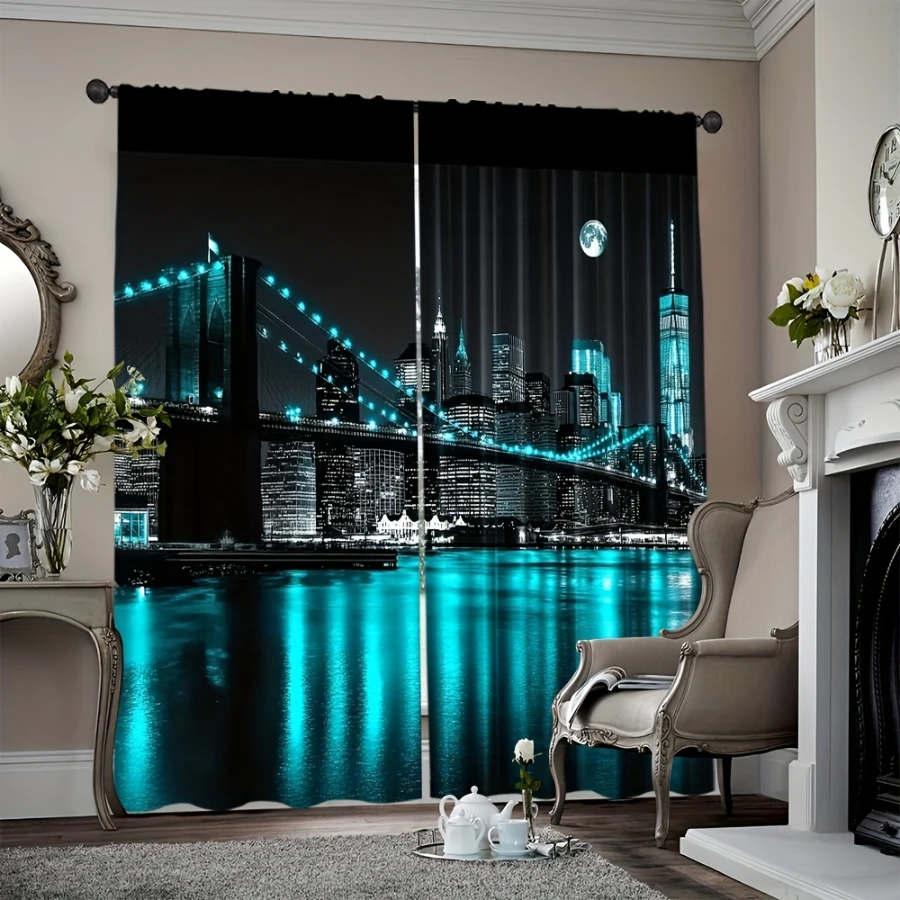 2PCS Digital Printed Curtains, Blue Tone Night Bridge Design, Modern Minimalist Style for Living Room Bedroom Home Decor