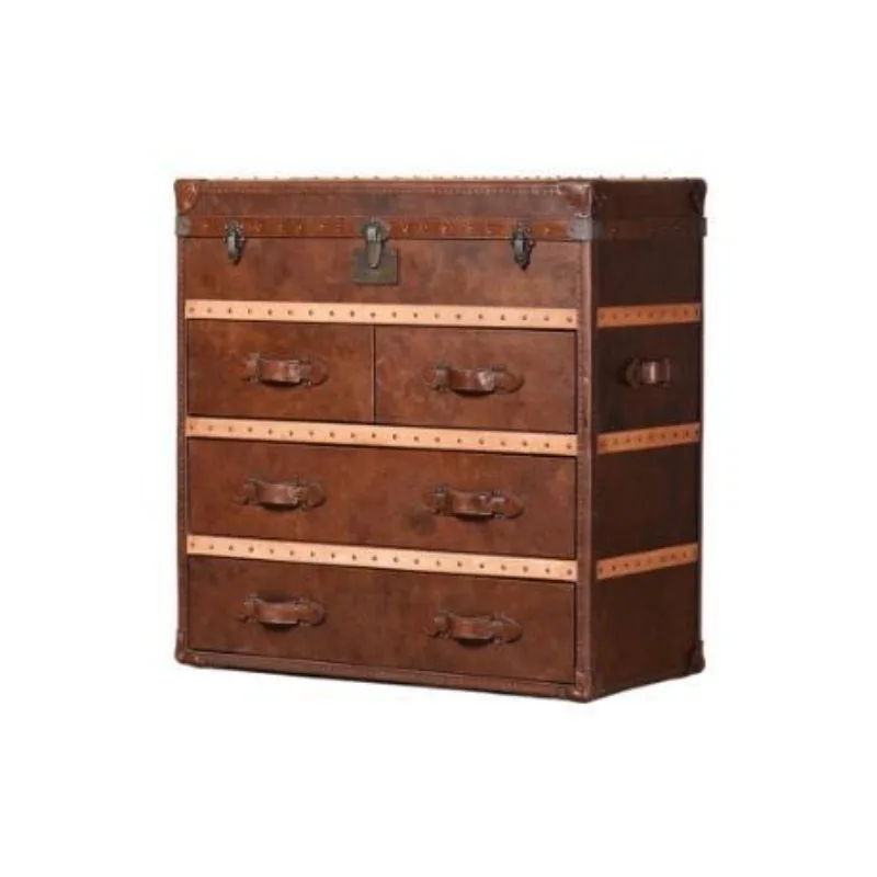 Medieval retro oil wax leather American coffee table living room solid wood drawer cabinet