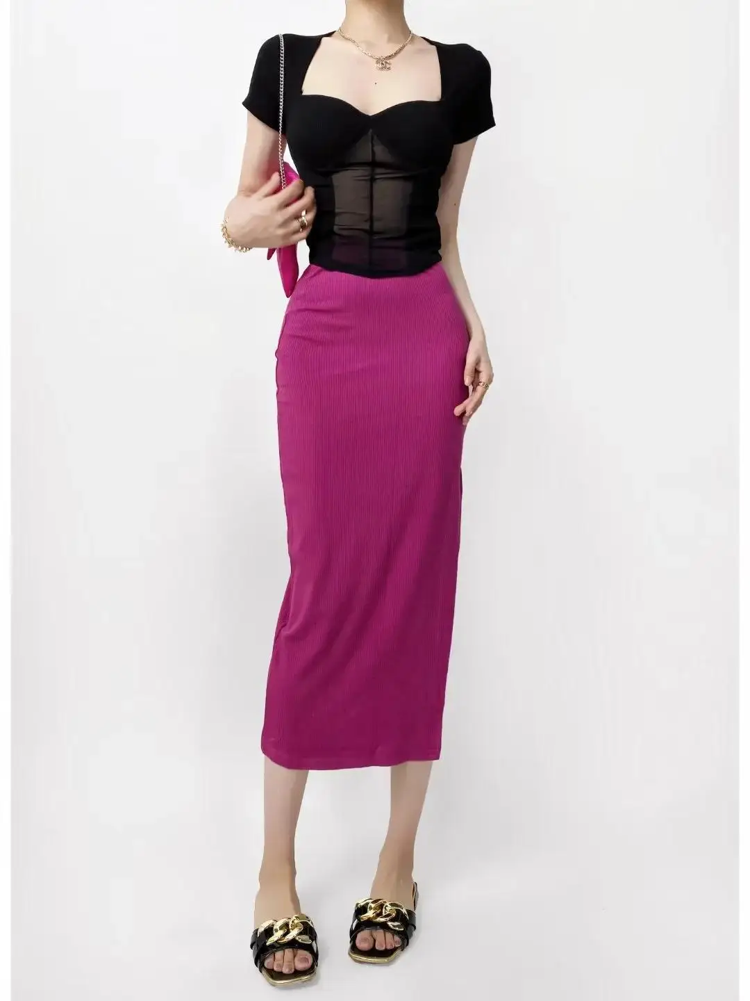 

Sexy Split Midi Skirts Women Summer Knitted Elastic Slim Solid Color High Waist Skirt