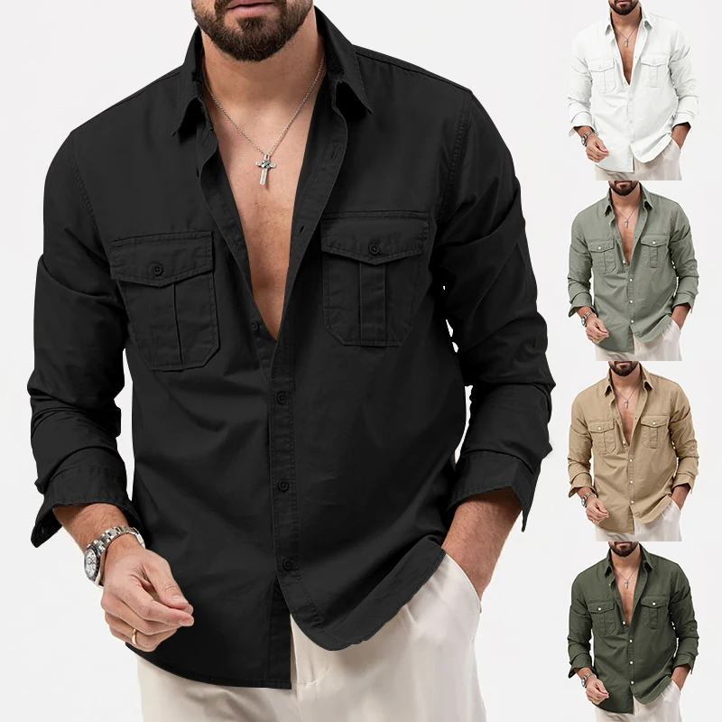 Camisa de estilo americano para hombre, ropa Cargo con múltiples bolsillos, manga larga, solapa, primavera y verano, novedad de 2024