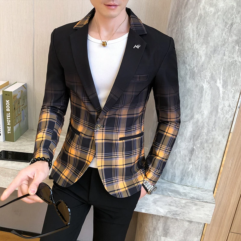 Men Slim Fit Blazer Jacket 2022 Spring New British Style Plaid Blazer for Men Suit  Casual Dress Coat Wedding Business Clothing