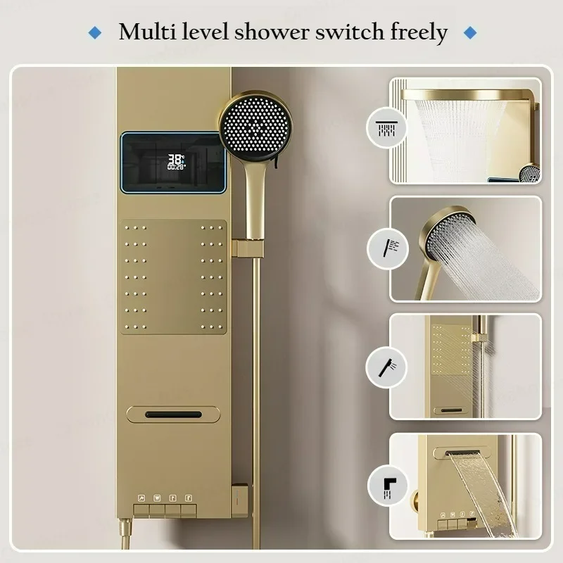 

Wall Mounted Gold Grey Aluminum Waterfall Shower Panel Set with LED Digital Display New Bathroom Lighting System
