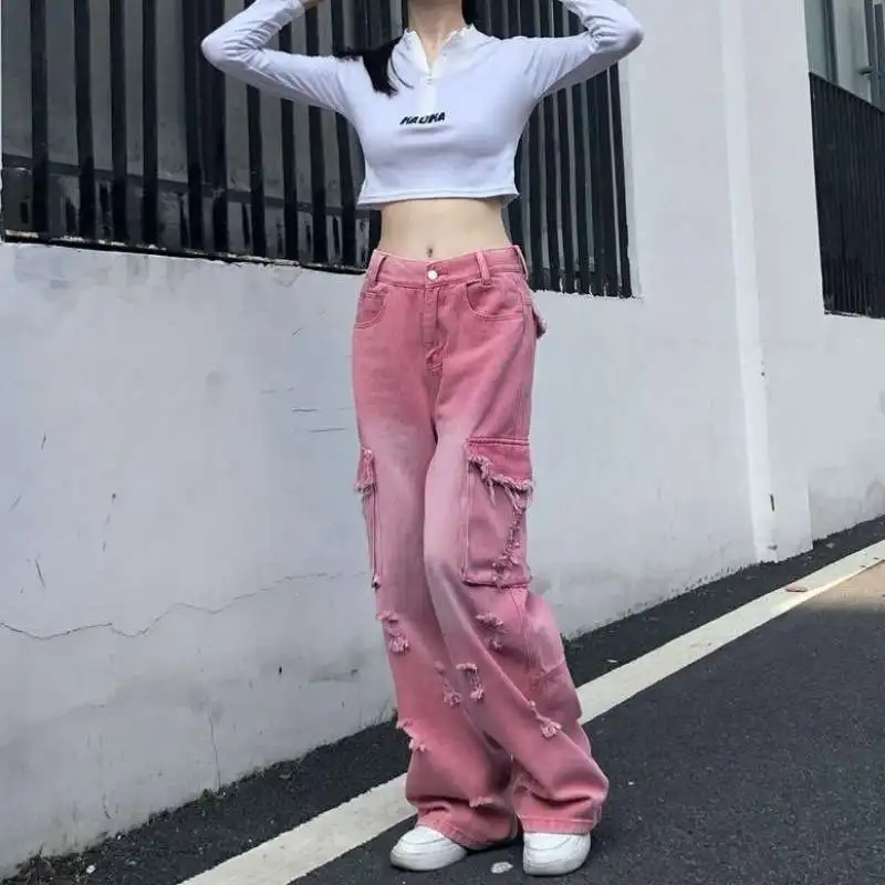 

Американские уличные розовые джинсовые джинсы, женские весенне-осенние милые крутые пряные прямые брюки для девочек, длинные брюки со свободными дырками...