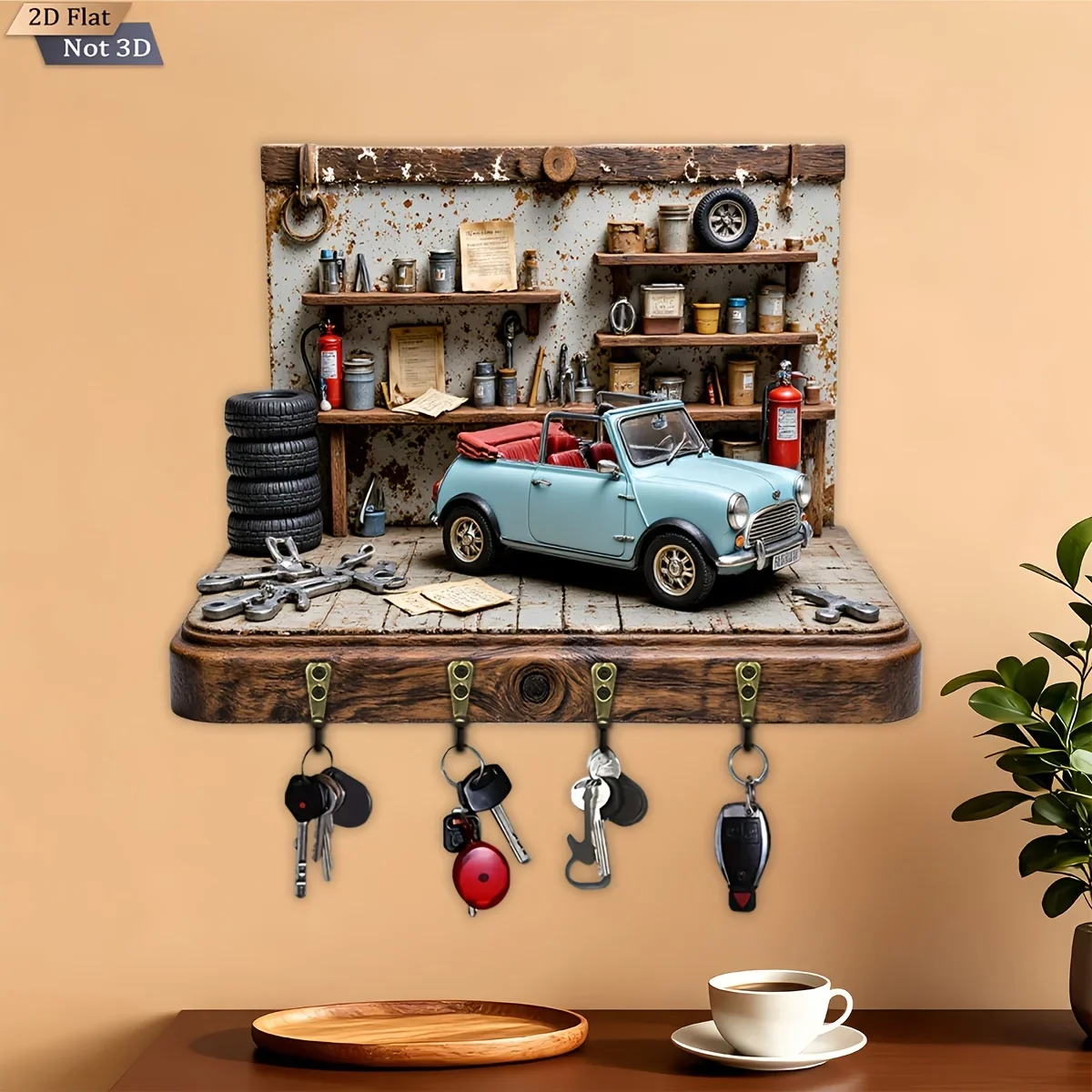 2D Flat, 1pc, Retro Car-Themed Key Hook, Wooden Multi-Functional Home Key Hanger, with Four Metal Hooks, Wall Decoration, Porch