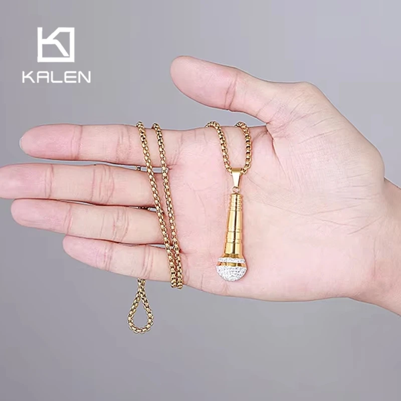 Hip Hop Microphone Pendant Necklace for Men Women  IC Crystal Microphone Charm Necklace Stainless Steel Music Lover Jewelry Gift